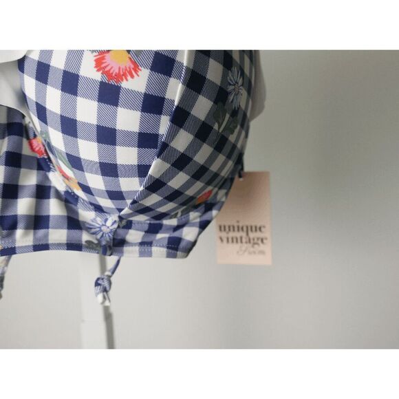 Unique Vintage Plus Size Navy Gingham & Floral Southampton Swim TOP - Picture 4 of 5